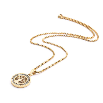 Tree Of Life Hollow Zircon Pendant European And American Style Personalized Titanium Steel Necklace For Men