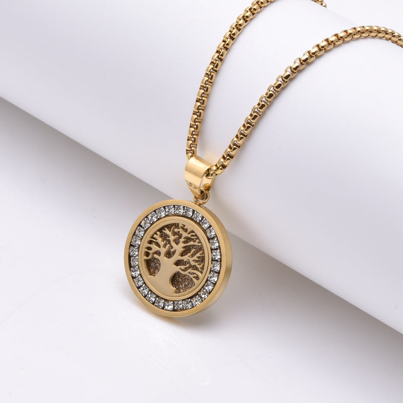 Tree Of Life Hollow Zircon Pendant European And American Style Personalized Titanium Steel Necklace For Men